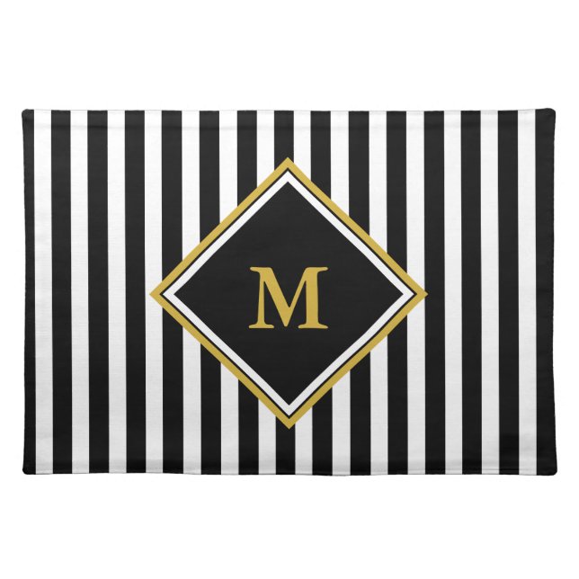 Elegant Black White and Gold Monogram Striped  Cloth Placemat (Front)