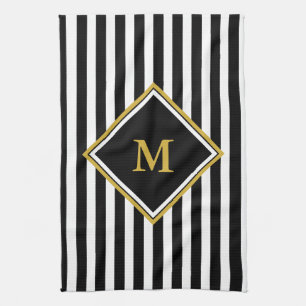 Elegant Black White and Gold Monogram Striped Kitchen Towel
