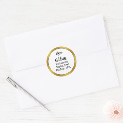 Elegant Black White and Gold Moving Announcement Classic Round Sticker