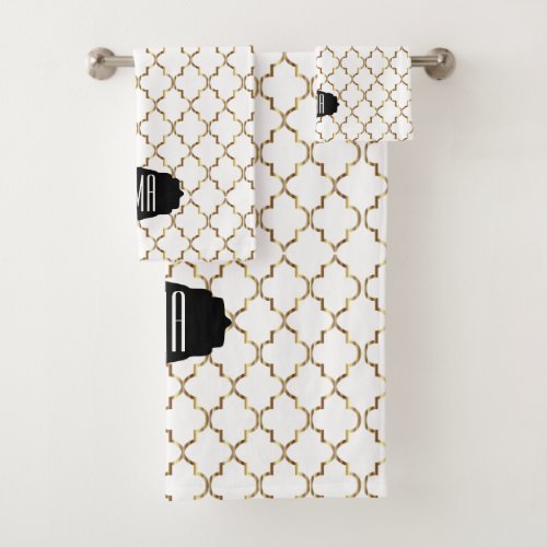 Elegant Black White and Gold Quatrefoil Patterns Bath Towel Set