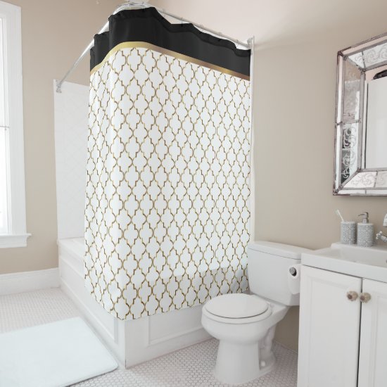 Elegant Black White and Gold Quatrefoil Patterns Shower Curtain