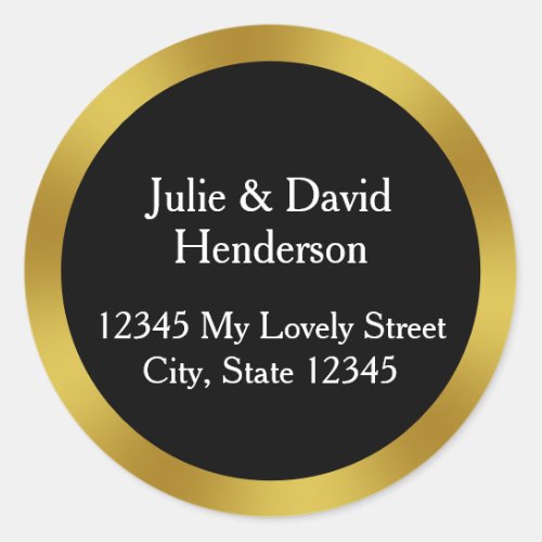 Elegant Black White and Gold Return Address Classic Round Sticker