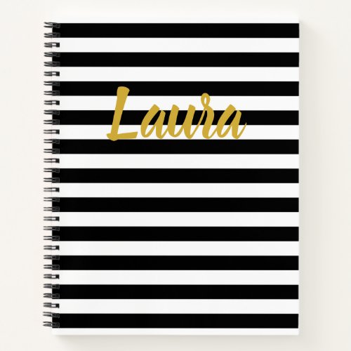 Elegant Black White and Gold Script Name Stripes Notebook