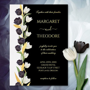 Elegant Black White and Gold Tulip Floral Wedding Foil Invitation