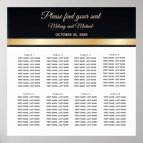 Elegant black white and gold wedding Seating Chart