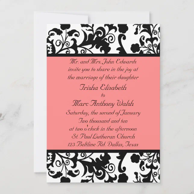 Elegant Black, White, And Peach Wedding Invitation 