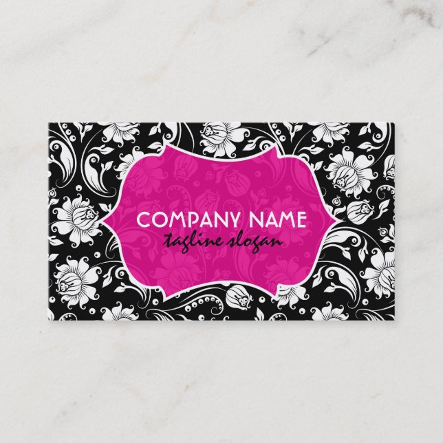 Elegant Black White And Pink Floral Damasks Business Card (Front)