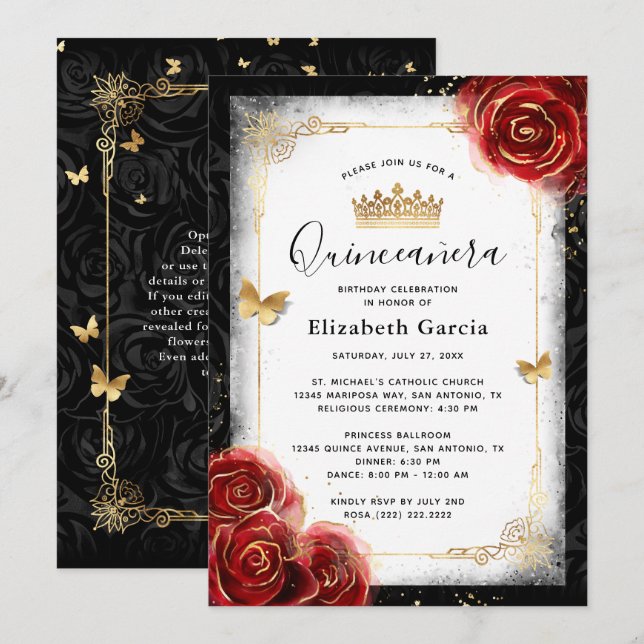 Elegant Black White and Red Quinceanera Invitation (Front/Back)
