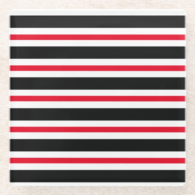 Elegant Black, White and Red Stripes Glass Coaster (Front)