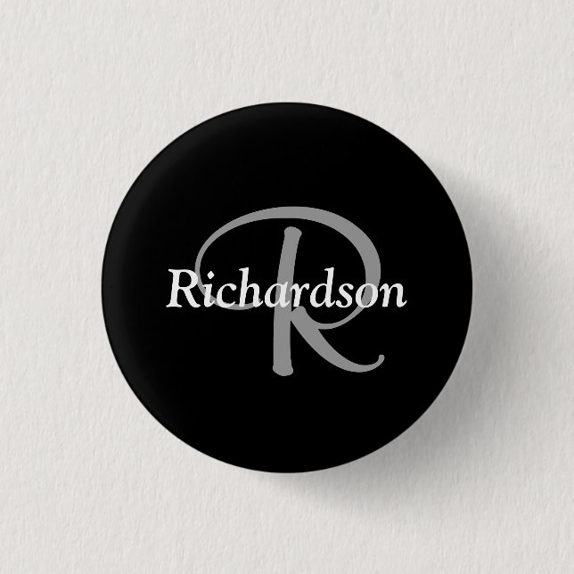 Elegant Black White and Silver Gray Monogrammed Button (Front)