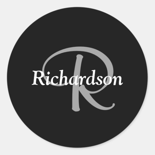 Elegant Black White and Silver Gray Monogrammed Classic Round Sticker