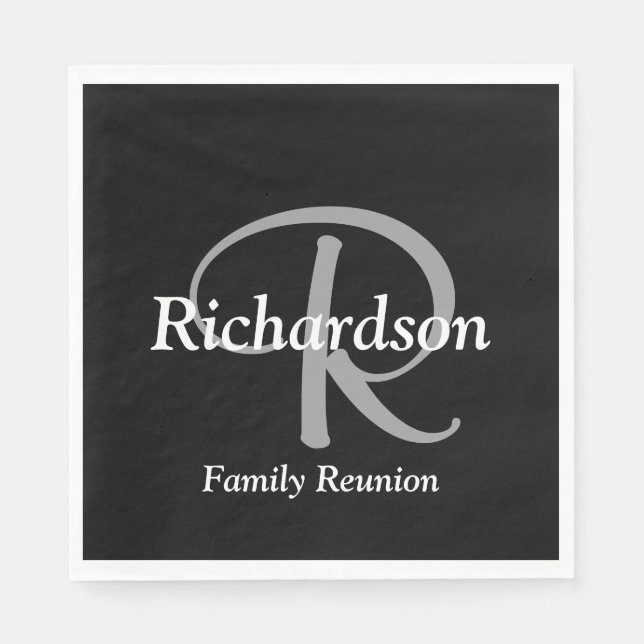 Elegant Black White and Silver Gray Monogrammed Napkins (Front)
