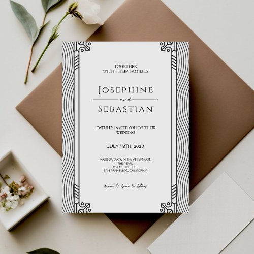Elegant Black  White Art Deco Minimalist Wedding  Invitation