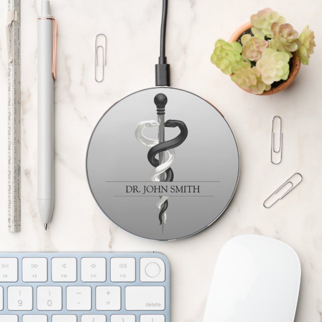 Elegant Black White Asclepius Classy Noble Medical Wireless Charger (Desk)