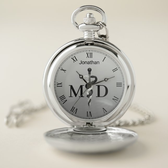 Elegant Black White Asclepius Medical Doctor MD Pocket Watch (Inside)