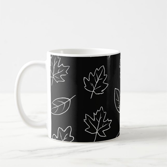 Elegant Black & White Autumn Leaf Coffee Mug – Min (Left)