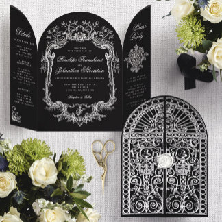 Elegant Black White Baroque Arch Gate Wedding Tri-Fold Invitation
