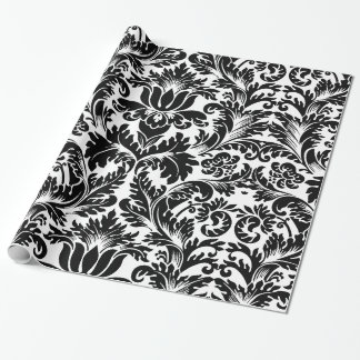 Elegant Black & White Baroque Damasks Pattern Wrapping Paper