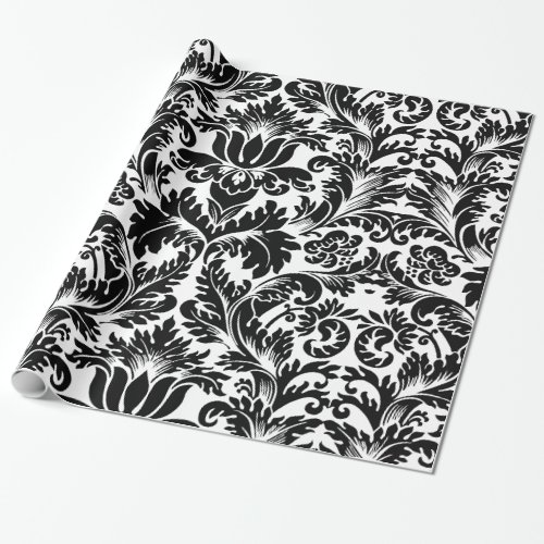 Elegant Black  White Baroque Damasks Pattern Wrapping Paper