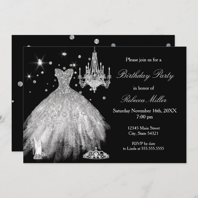 Elegant Black White Birthday Party silver heels Invitation (Front/Back)