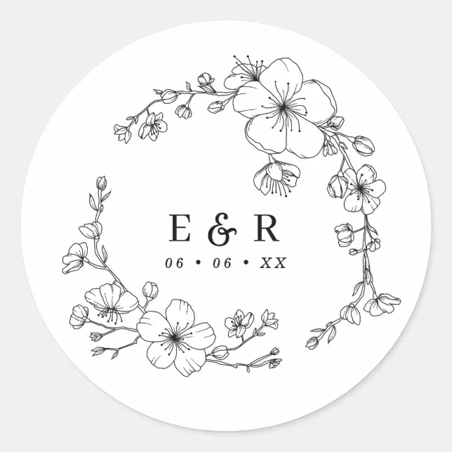 Elegant Black & White Blossom Monogram Wedding Classic Round Sticker ...