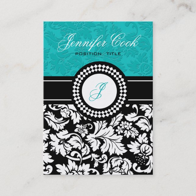 Elegant Black White & Blue-Green Floral Damasks Business Card (Front)