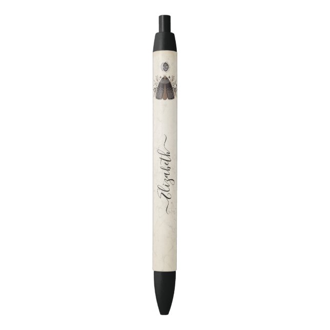 Elegant Black White Boho Floral Butterfly Moth Pen (Front Vertical)