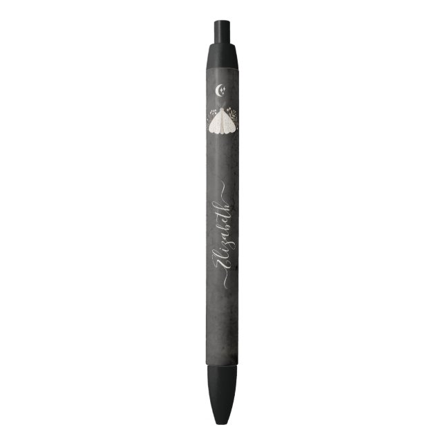 Elegant Black White Boho Floral Butterfly Moth Pen (Front Vertical)