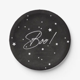 Elegant Black/White Boo! Halloween Party Paper Plates