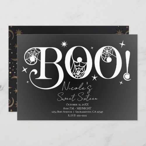 Elegant Black White BOO Magical Halloween Sweet 16 Invitation