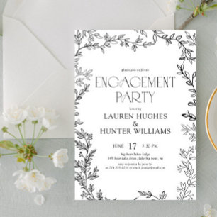 Elegant Black & White Botanical Engagement Party Invitation