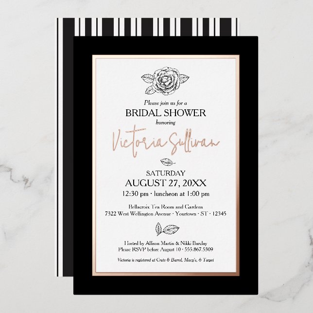 Elegant Black & White Botanical Foil Invitation (Front/Back)