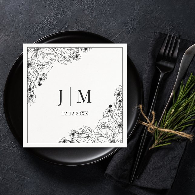 elegant black & white botanical monogram wedding napkins (Creator Uploaded)