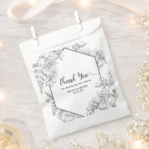Elegant Black White Botanical Thank You Wedding  Favor Bag