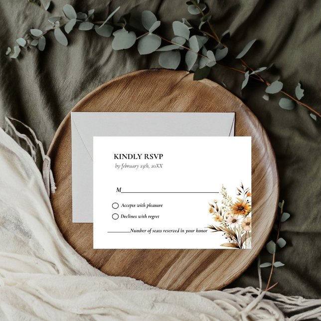 Elegant Black & White Botanical Wildflower wedding RSVP Card (Creator Uploaded)