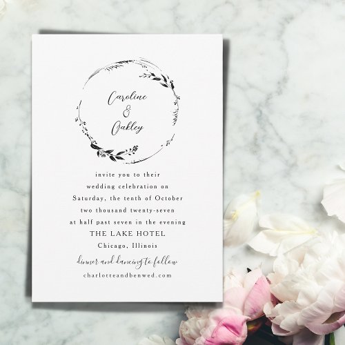 Elegant Black White Botanical Wreath Boho Wedding Invitation