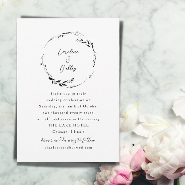 Elegant Black White Botanical Wreath Boho Wedding Invitation (Creator Uploaded)