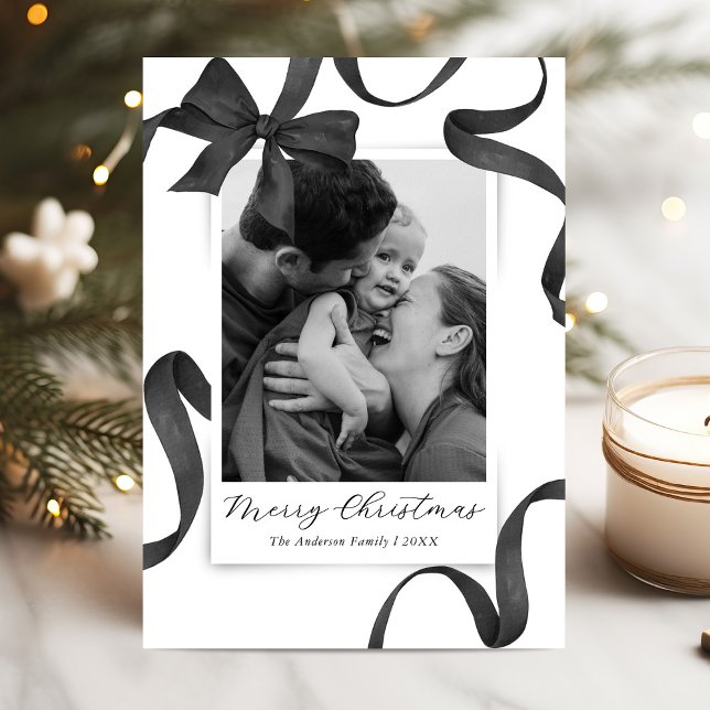 Elegant Black White Bow Photo Christmas Holiday Card (Creator Uploaded)