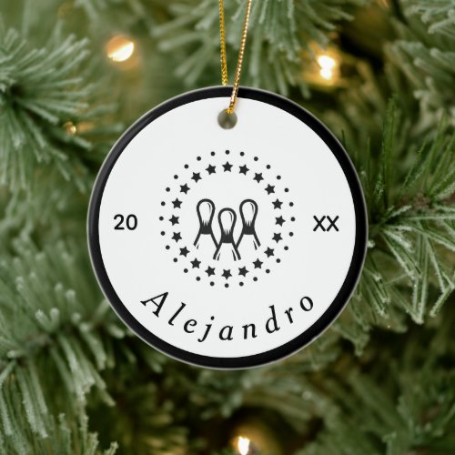Elegant Black &amp; White Bowling Logo Name &amp; Year Ceramic Ornament