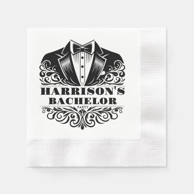 Elegant Black & White Bowtie Tuxedo Filigree Napkins (Front)