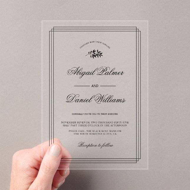 Elegant black, white branch and border wedding acrylic invitations (Insitu (Handheld))