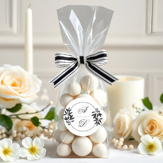 Elegant black, white branch and initials wedding classic round sticker
