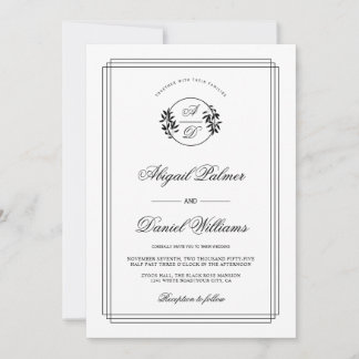 Elegant black, white branch and initials wedding invitation