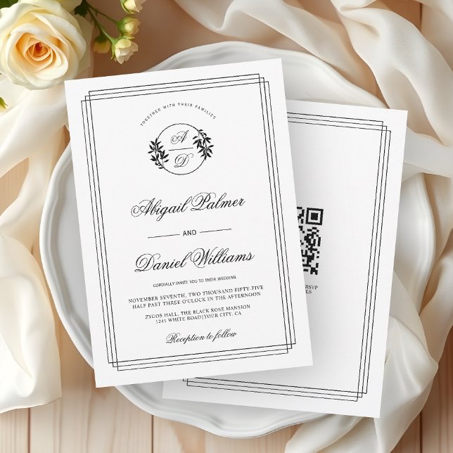 Elegant black, white branch and QR code wedding Invitation (Creator Uploaded)