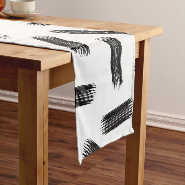 Elegant Black & White Brushstroke Pattern Short Table Runner | Zazzle