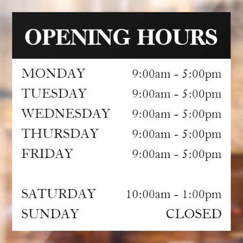 Elegant Black White Business Opening Hours Glass Window Cling
