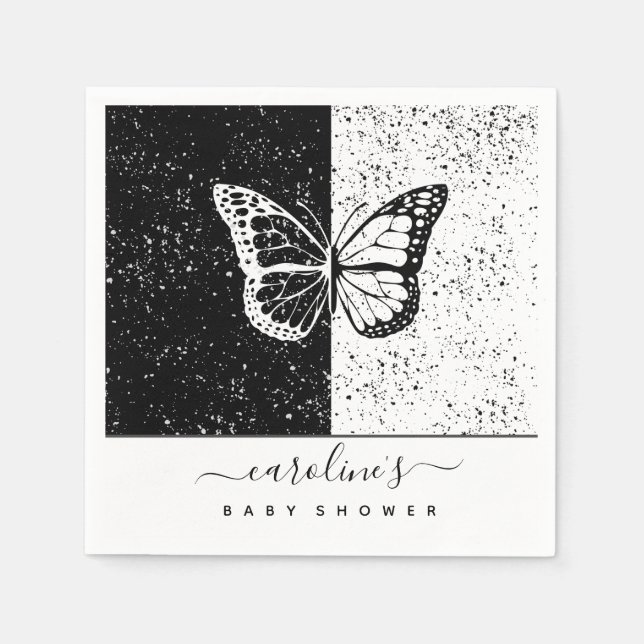Elegant Black & White Butterfly Baby Shower Dotted Napkins (Front)