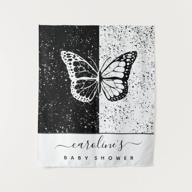 Elegant Black & White Butterfly Baby Shower Dotted Tapestry (Front)