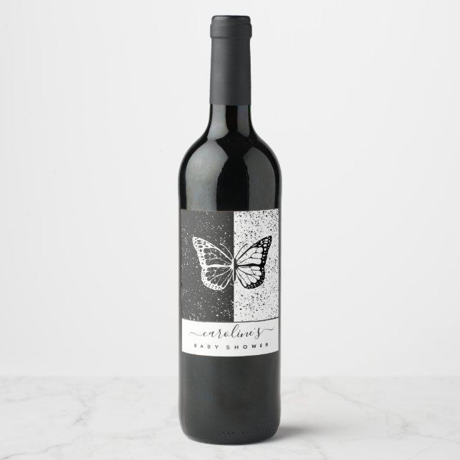 Elegant Black & White Butterfly Baby Shower Dotted Wine Label (Front)