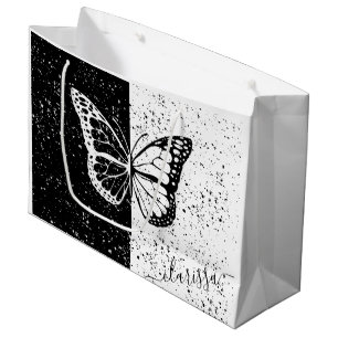 Elegant Black & White Butterfly Calligraphy Name Large Gift Bag